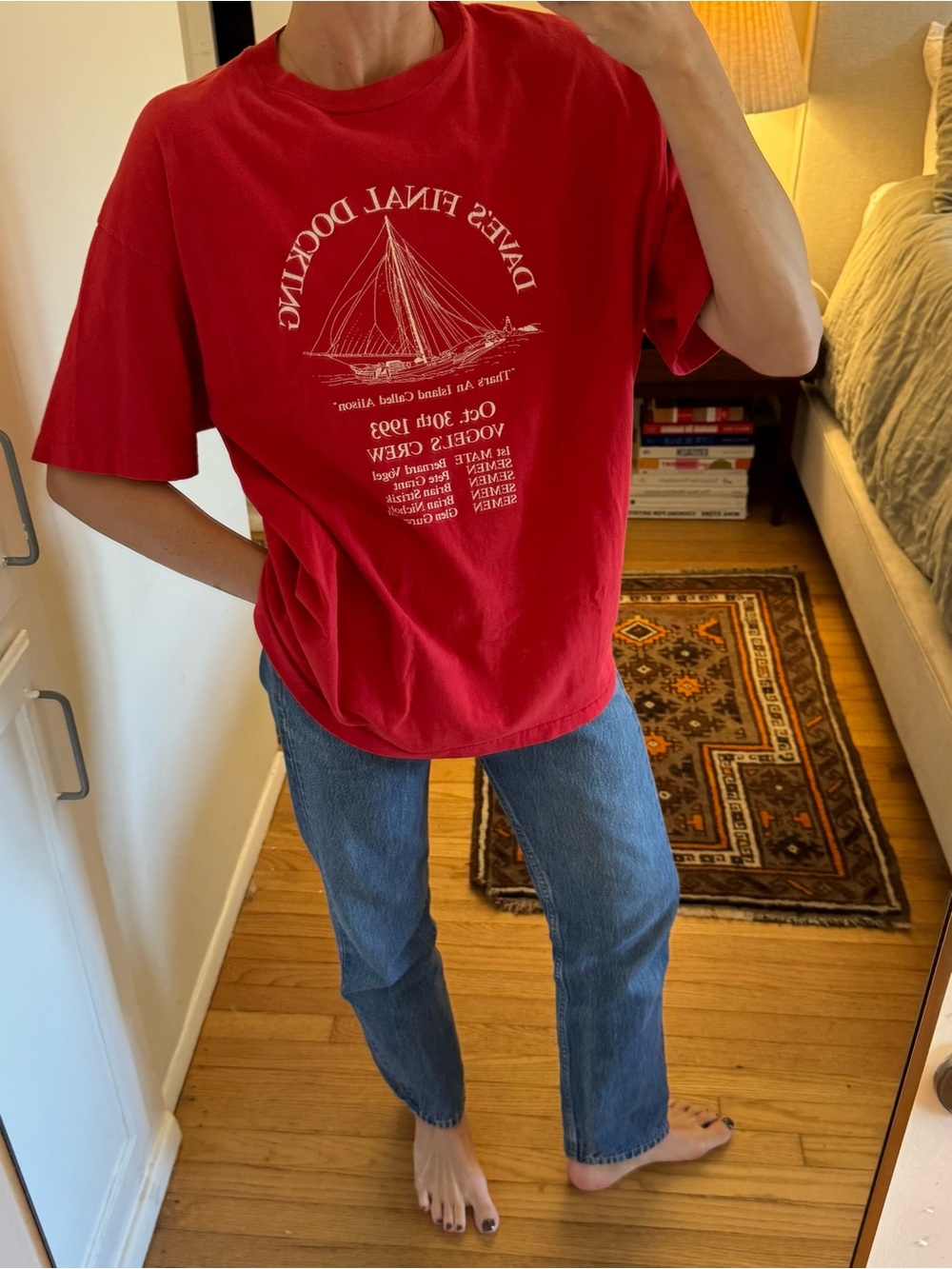 Vintage Red Graphic Short Sleeve Tee with Sailboat Print